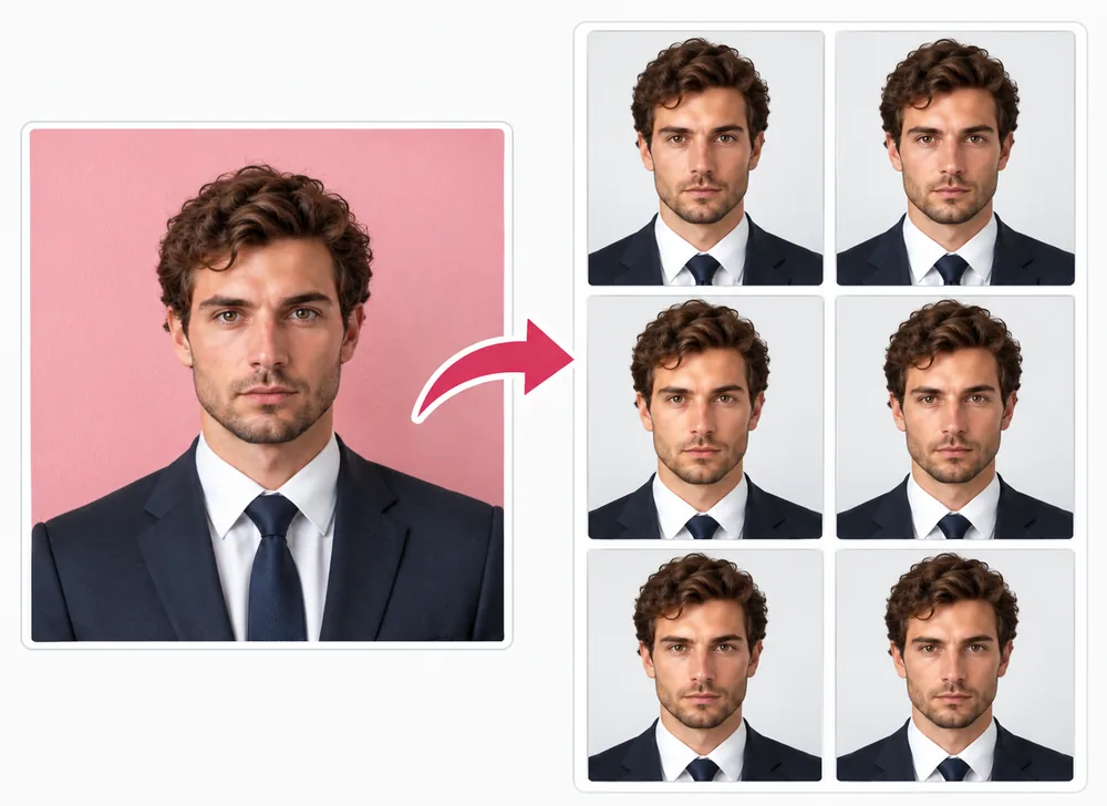 Une photo de départ transformée en planche prête à imprimer, avec six tirages identiques au format officiel